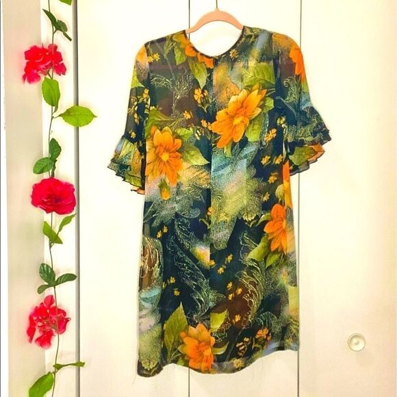SHEER Floral Ruffle Flounce Sleeve  Dress - Picture 2 of 6